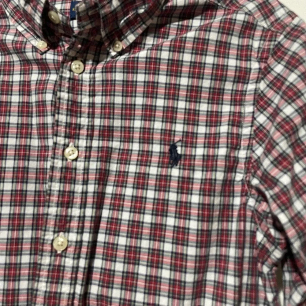 Ralph Lauren Boys Red White Navy Plaid Button Down Shirt Size M‎ 10-12 Cotton